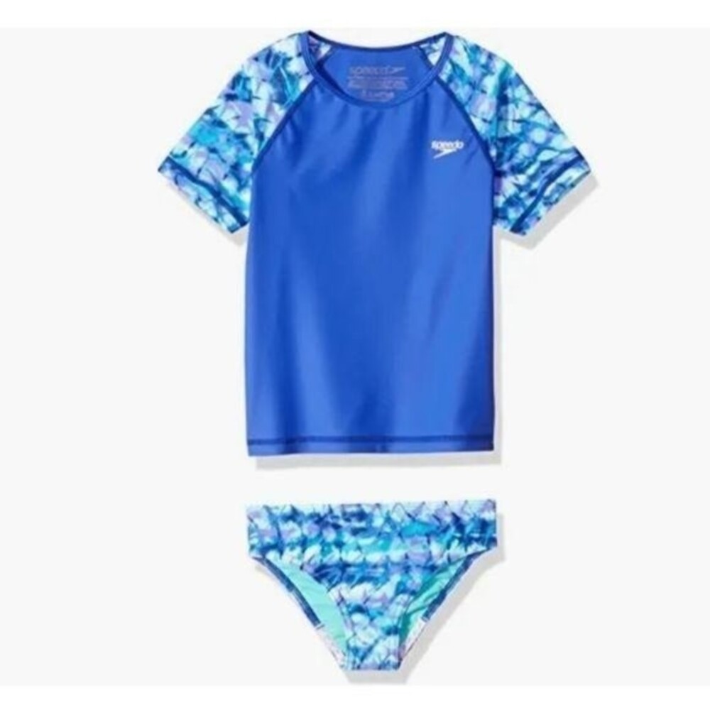 Speedo UV50+ Block Girls Two Piece Swimsuit Blue Green Girls Size 4